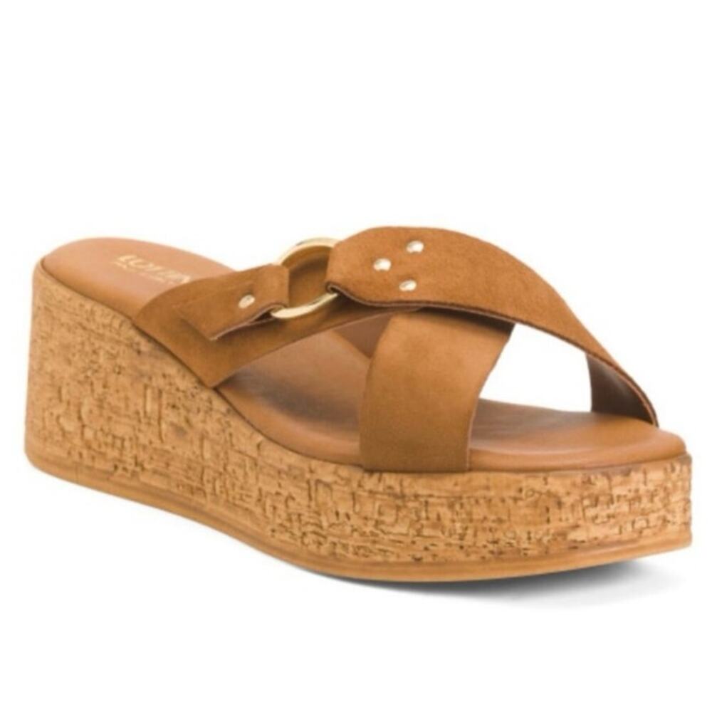 NEW LOTTINI ITALY Womens 39 US 9 Cross Band Buckle Cork Wedge Slide Sandal Brown - Picture 16 of 16